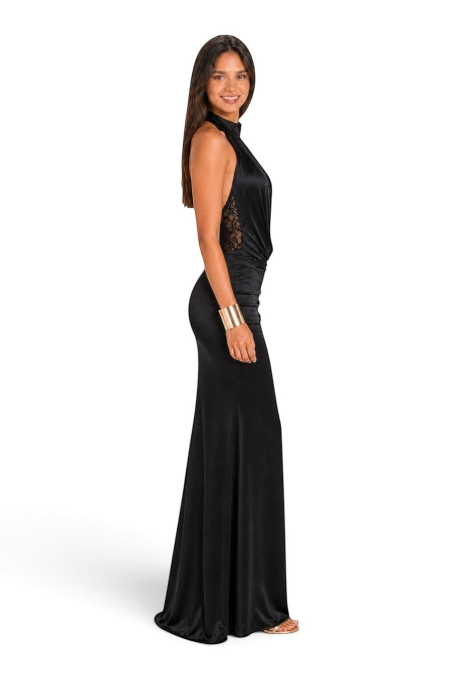Model wearing a Pink shop by maf black satin halter maxi dress with lace side panels and a cowl drape back