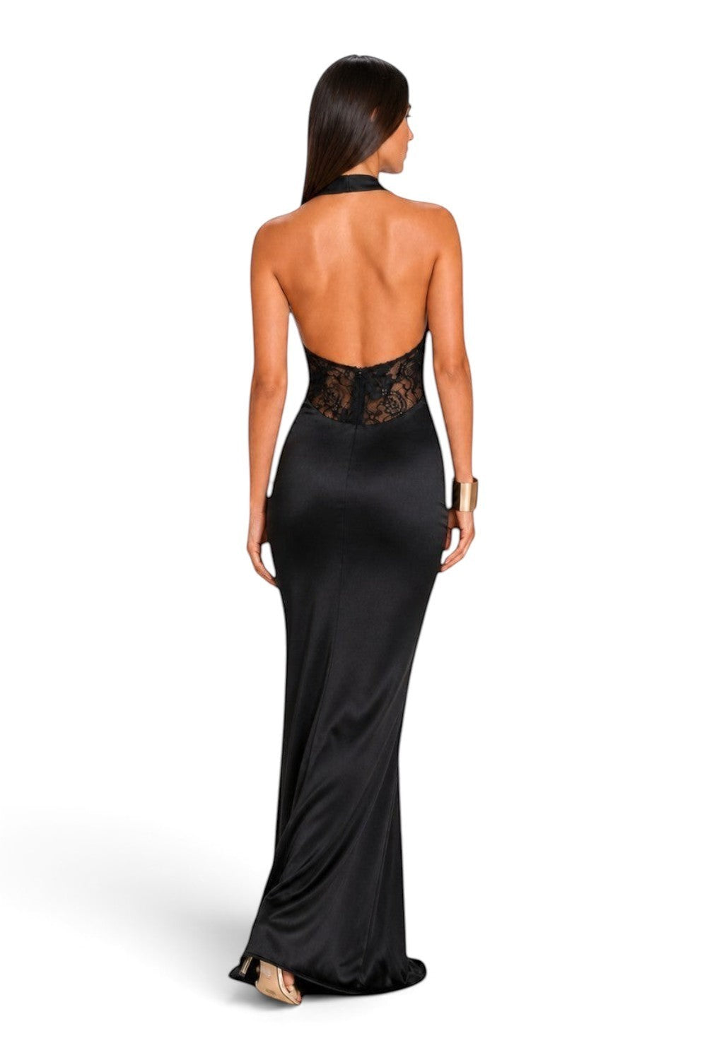 Pink shop by maf black satin halter neck maxi dress with lace back detail worn by a model from behind