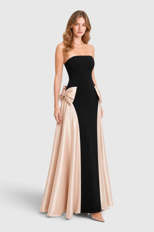 Pink shop by maf black strapless floor-length gown with champagne satin side bows and draped overskirt