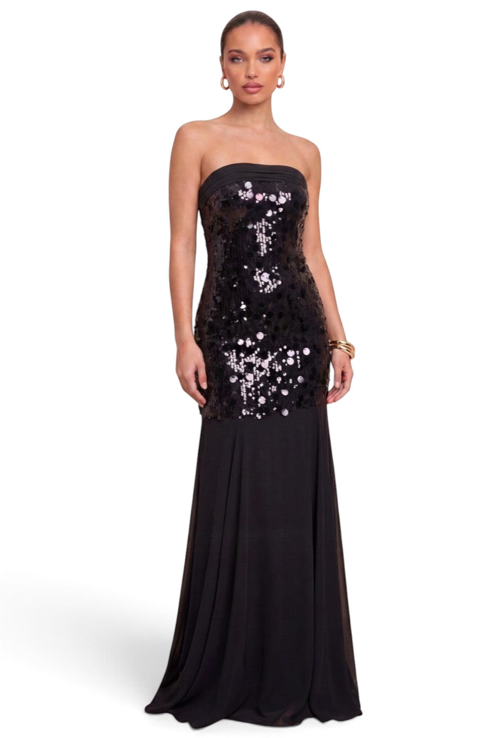 Pink shop by maf black strapless mermaid gown with a sequined bodice and flowing chiffon skirt on a model