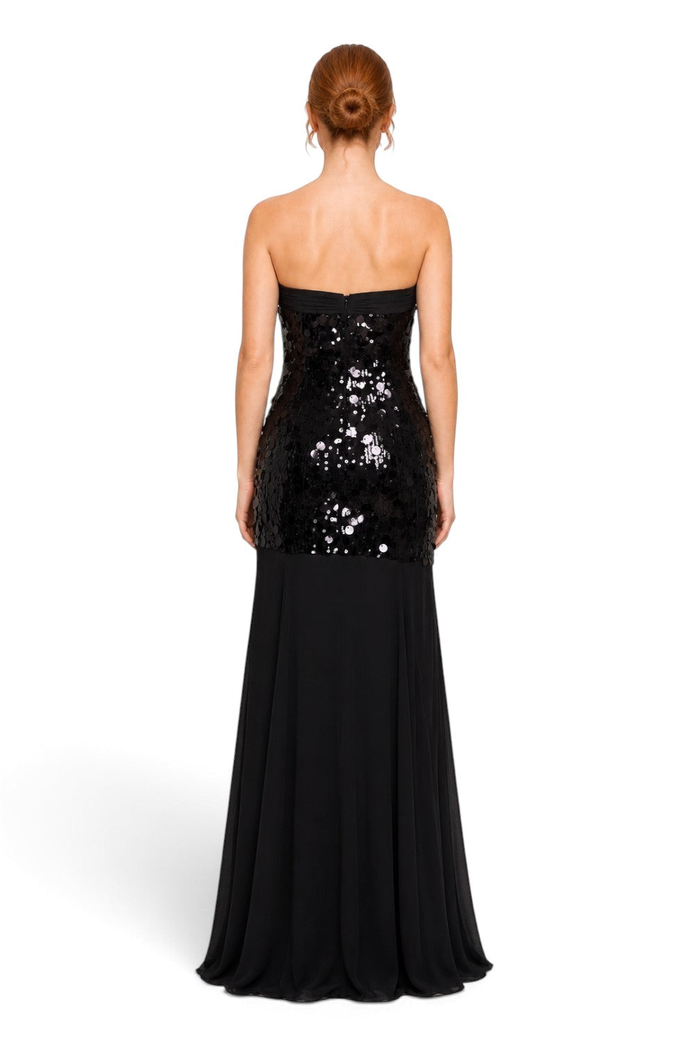 Pink shop by maf black strapless mermaid gown with sequined bodice and flowing chiffon skirt, back view