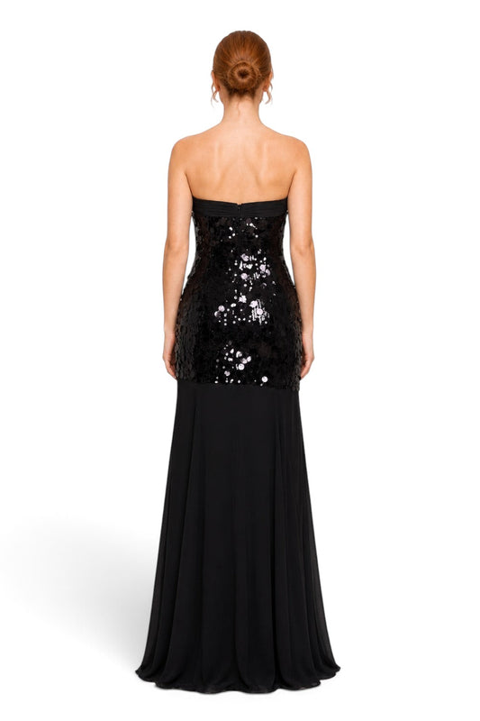 Pink shop by maf black strapless mermaid gown with sequined bodice and flowing chiffon skirt, back view