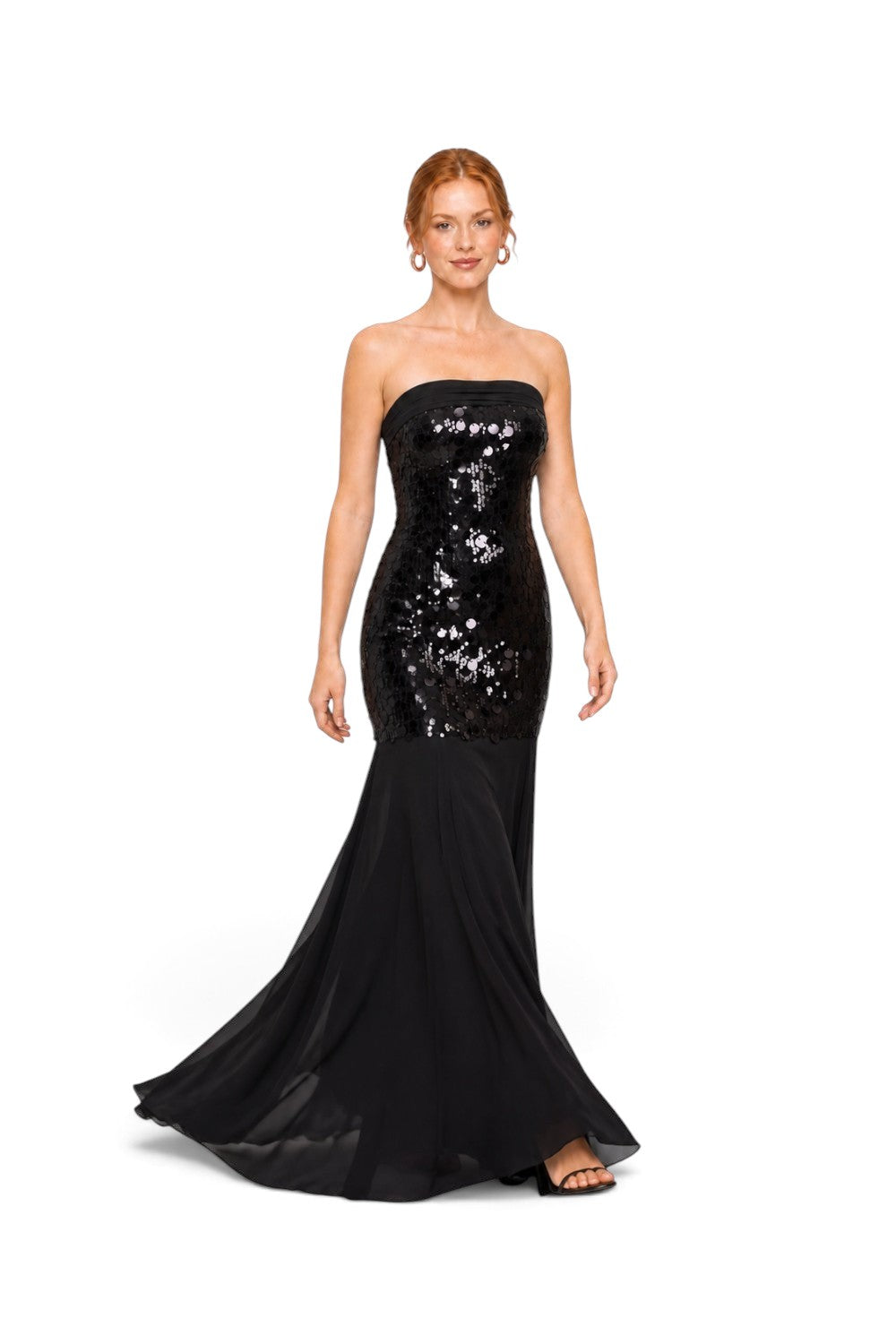 Pink shop by maf black strapless mermaid gown with sequin bodice and flowing chiffon skirt on a model