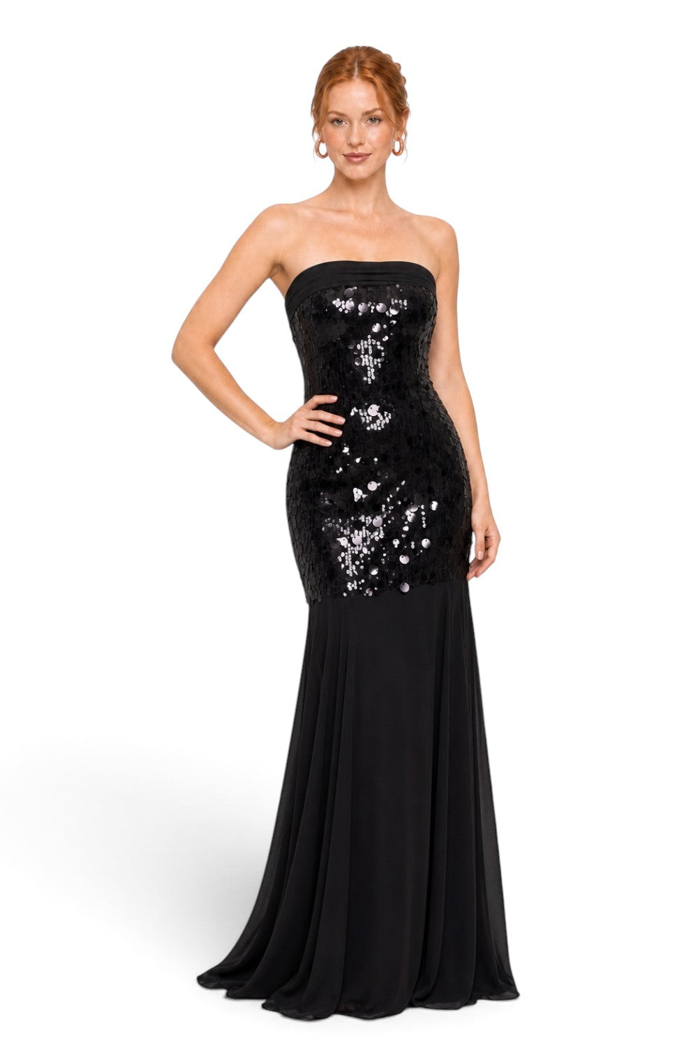 Pink shop by maf black strapless mermaid gown with sequin bodice and flowing chiffon skirt on a model