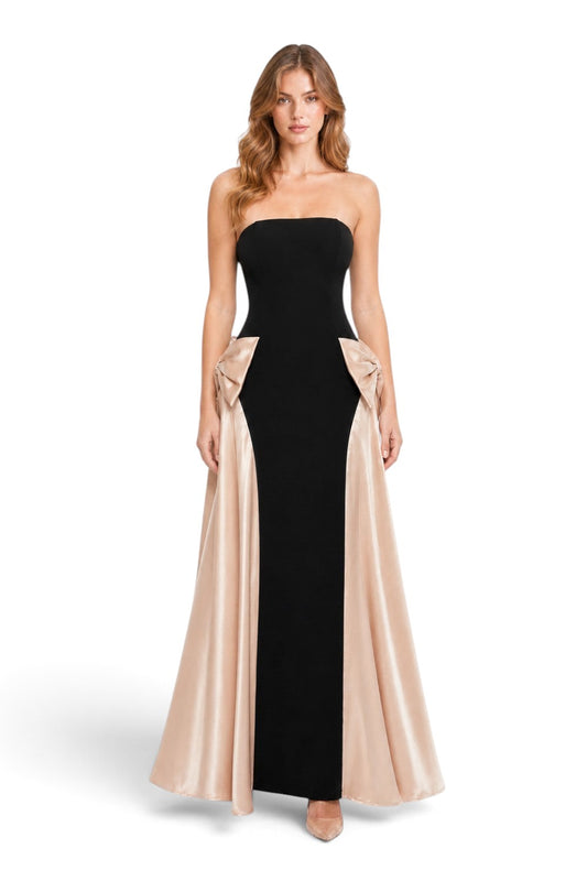 Pink shop by maf black strapless floor-length gown with champagne satin side bows and draped overskirt