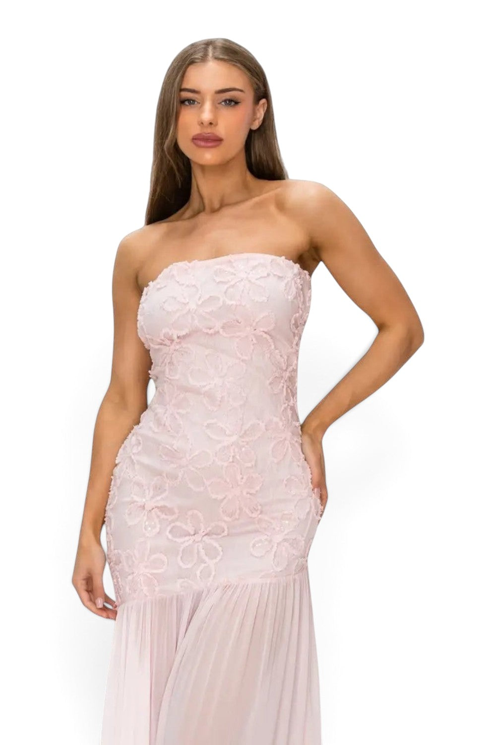Pink shop by maf blush pink strapless midi dress with 3D floral lace bodice and sheer mesh skirt for formal events.