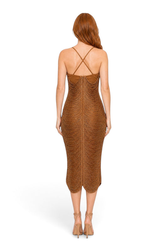 Pink shop by maf metallic bronze pleated midi dress with thin crisscross straps and fitted silhouette, back view
