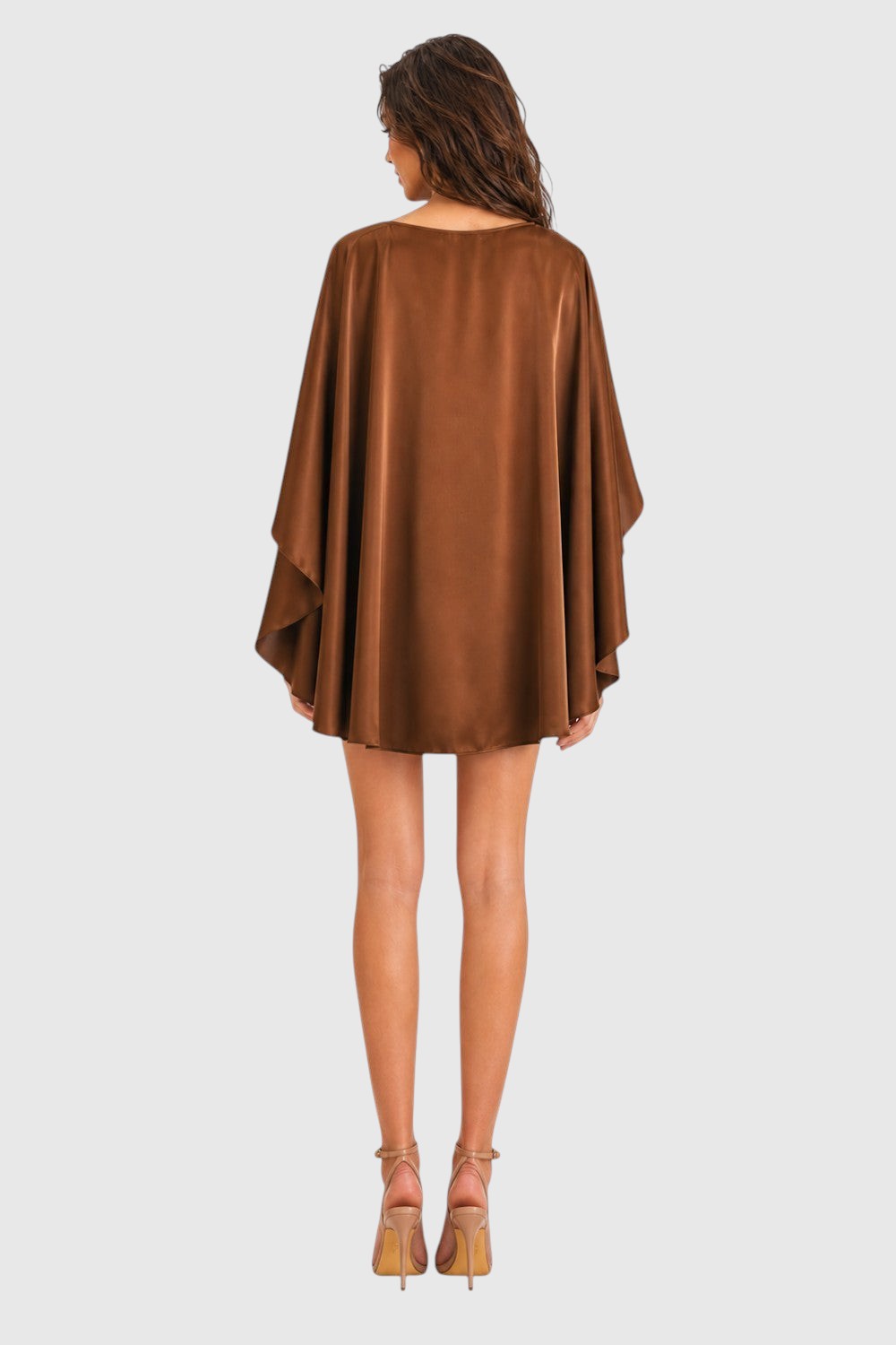 Pink shop by maf brown satin cape top worn by a model, back view showing the dramatic drape and elegant silhouette.