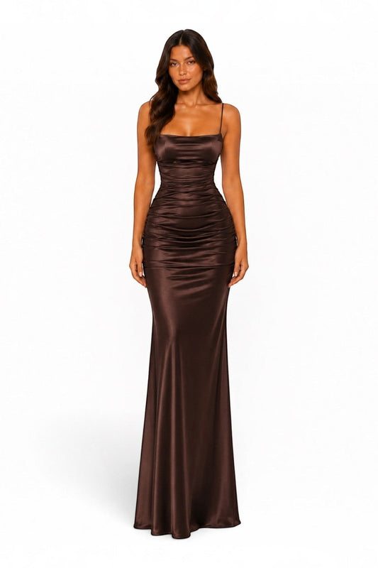 Pink shop by maf brown satin mermaid evening gown with front ruching, straight neckline, and thin spaghetti straps.