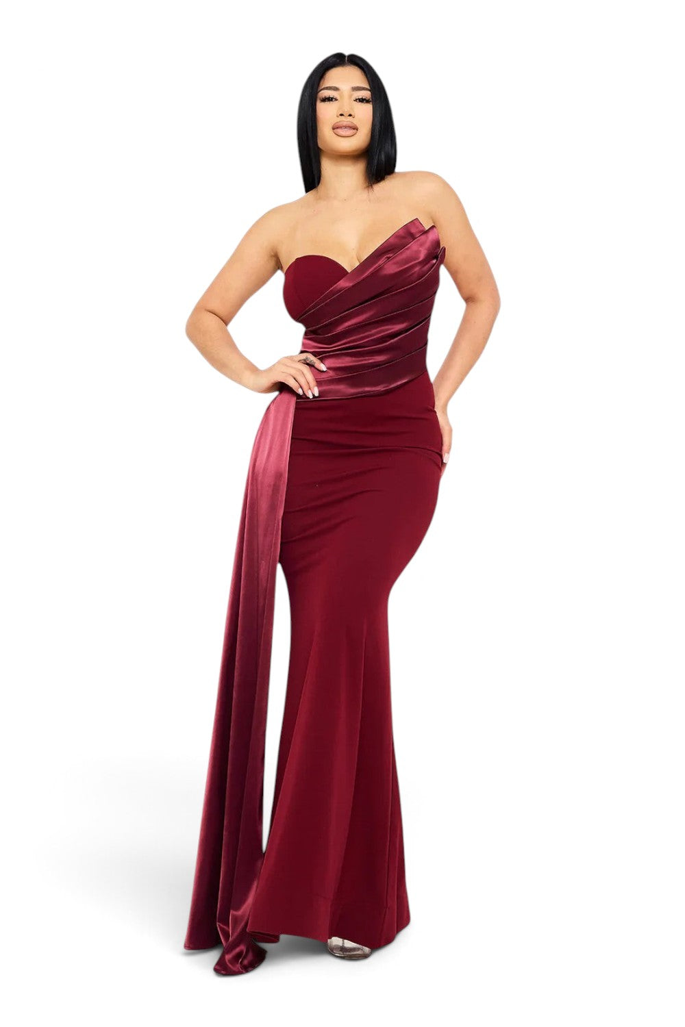 Pink shop by maf burgundy mermaid evening gown with a draped satin sweetheart bustier and floor-length side sash