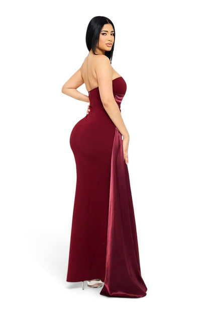 Pink shop by maf burgundy mermaid evening gown with strapless satin bustier, draped sash, and floor-length crepe skirt