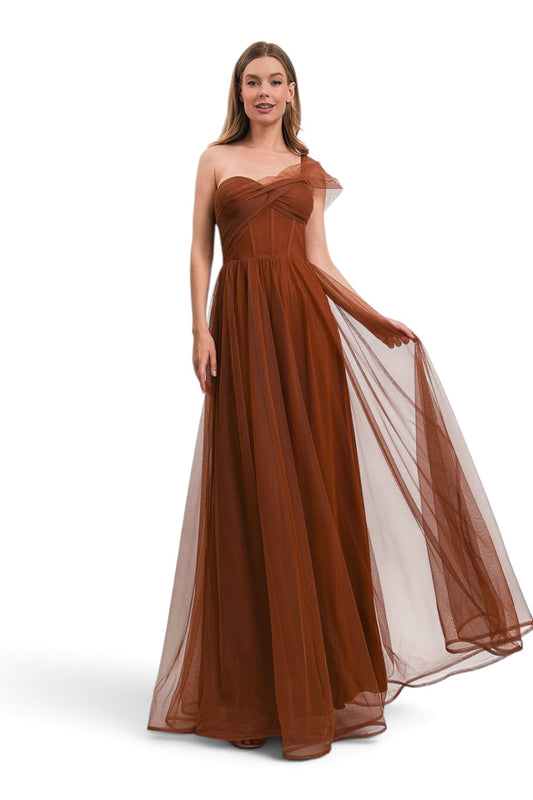 Pink shop by maf burnt orange one-shoulder tulle maxi dress with corset bodice and back tie closure