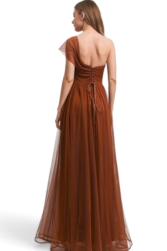 Pink shop by maf burnt orange one-shoulder maxi dress with tulle fabric and corset-style lace-up back detail