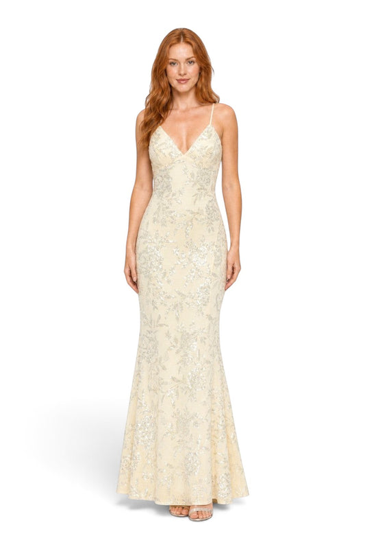 Pink shop by maf butter yellow mermaid gown with floral sequins, thin straps, and a deep V-neckline on a model.