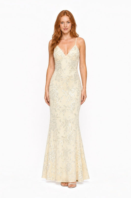 Pink shop by maf butter yellow mermaid floor-length gown with floral sequin embroidery and thin spaghetti straps