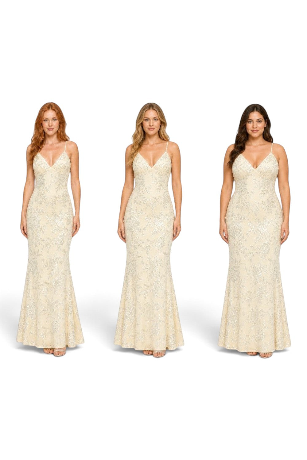 Pink shop by maf butter yellow mermaid floor-length gown with floral sequins, spaghetti straps, and back butterfly