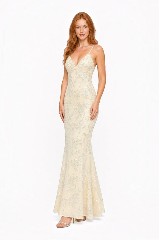 Pink shop by maf butter yellow mermaid gown with floral sequins, spaghetti straps, and a fitted silhouette.