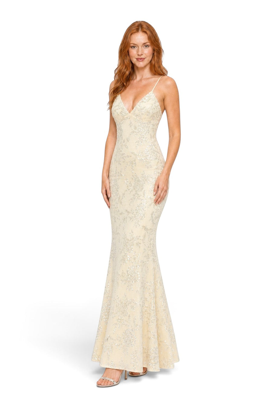 Pink shop by maf butter yellow floral sequin mermaid gown with thin straps worn by a model