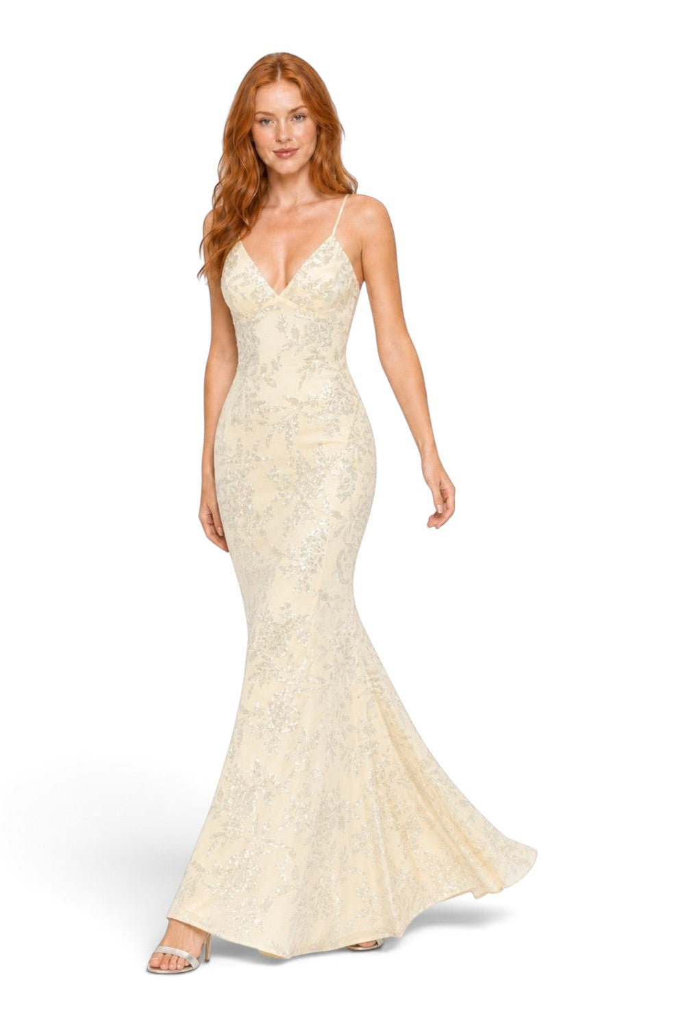 Pink shop by maf butter yellow mermaid gown with floral sequins, spaghetti straps, and a flattering floor-length fit.