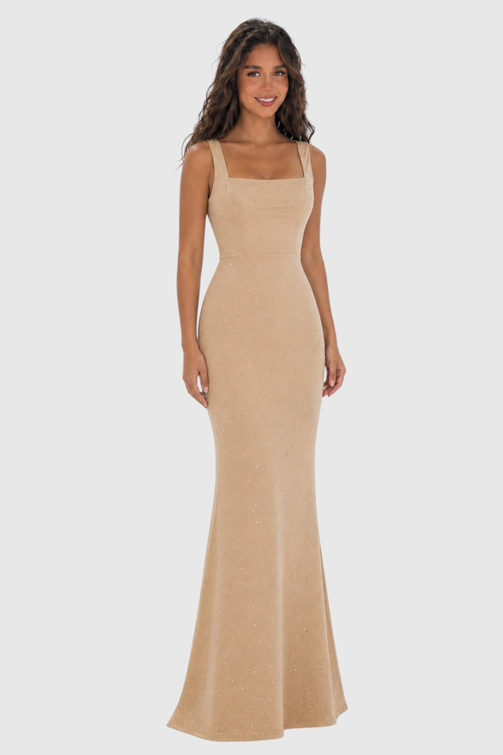 Pink shop by maf champagne mermaid floor-length dress with square neckline and subtle sparkling embellishments
