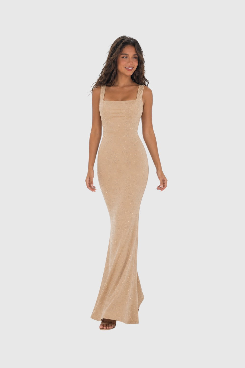 Model wearing a Pink shop by maf champagne floor-length mermaid dress with a square neckline and subtle shimmer