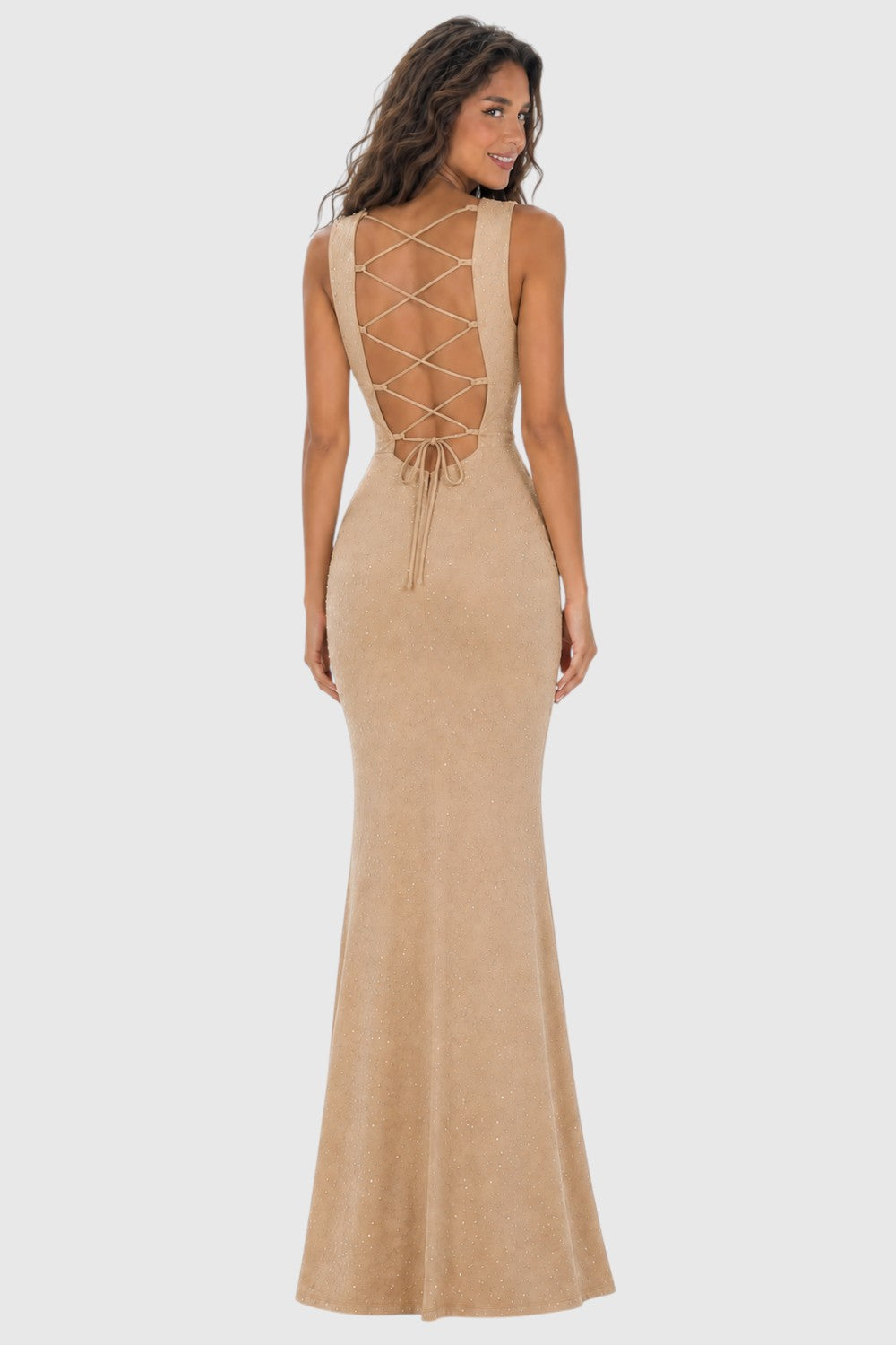 Pink shop by maf champagne mermaid evening gown with square neckline and lace-up back detail on a model
