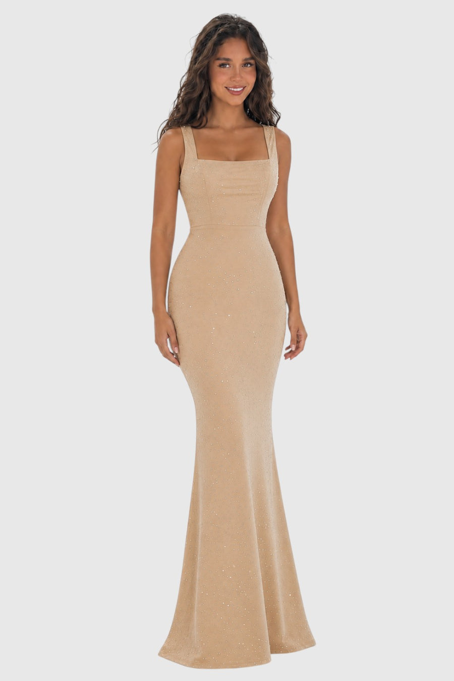Pink shop by maf champagne mermaid floor-length gown with square neckline and subtle shimmering rhinestone details