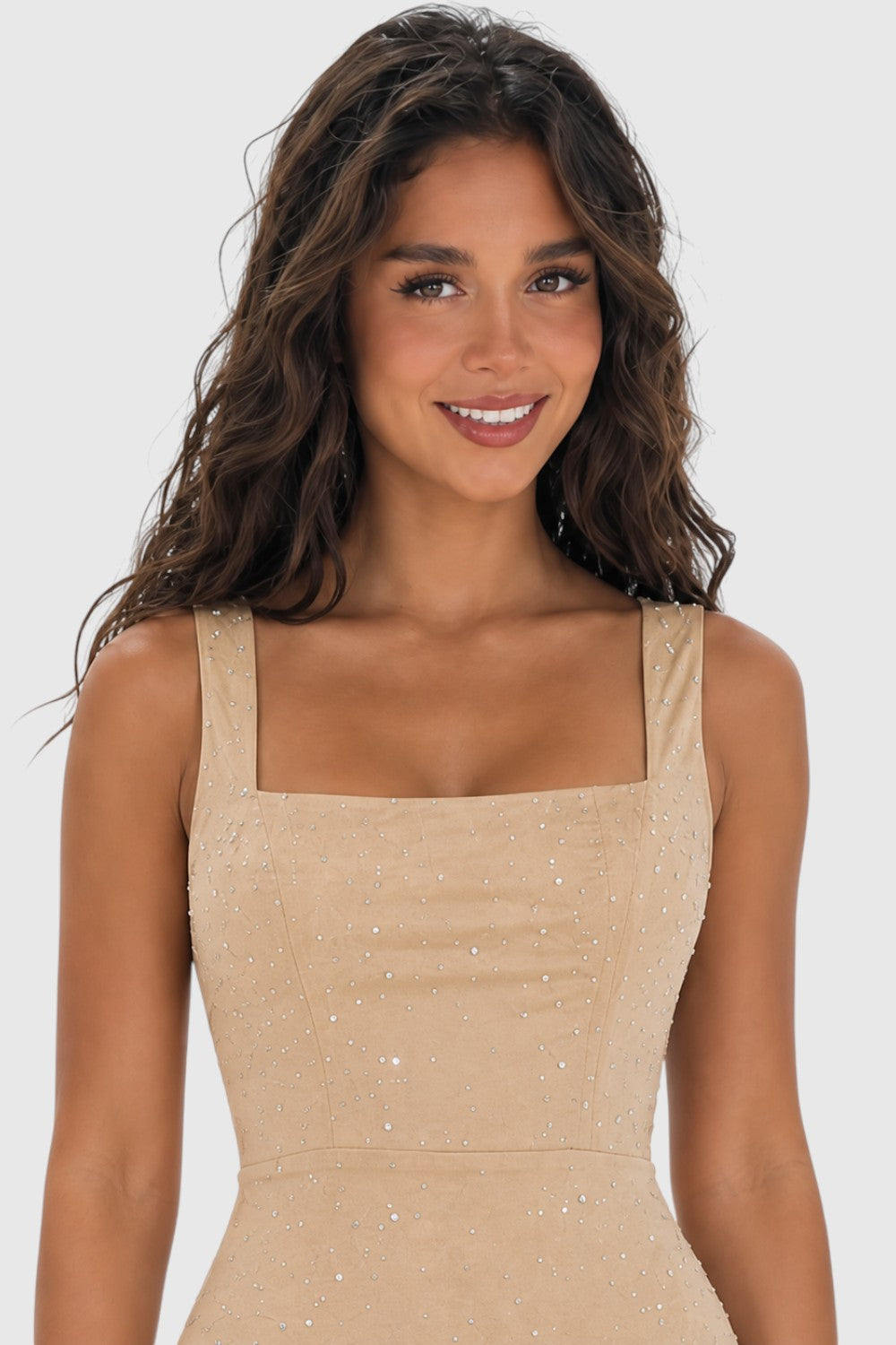 Pink shop by maf champagne mermaid maxi dress with square neckline and delicate rhinestone embellishments