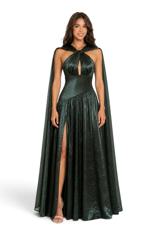 Pink shop by maf emerald green metallic halter gown with a flowing cape, cinched waist, and high leg slit.