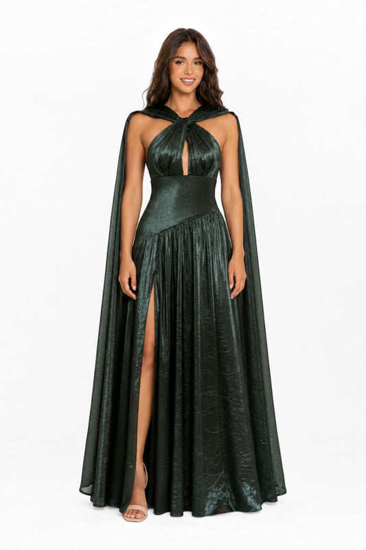 Pink shop by maf emerald green metallic halter gown with a draped cape, cinched waist, and high leg slit.