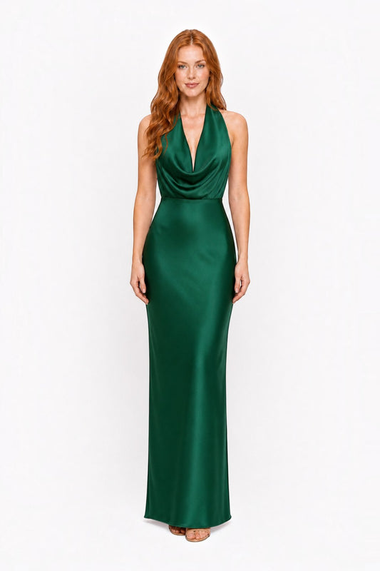 Pink shop by maf emerald green satin maxi dress with cowl neckline and halter back on a red-haired model