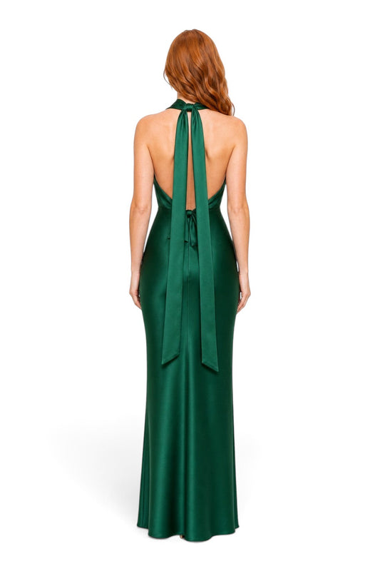 Pink shop by maf emerald green satin maxi dress with a halter neck and open back, viewed from behind.