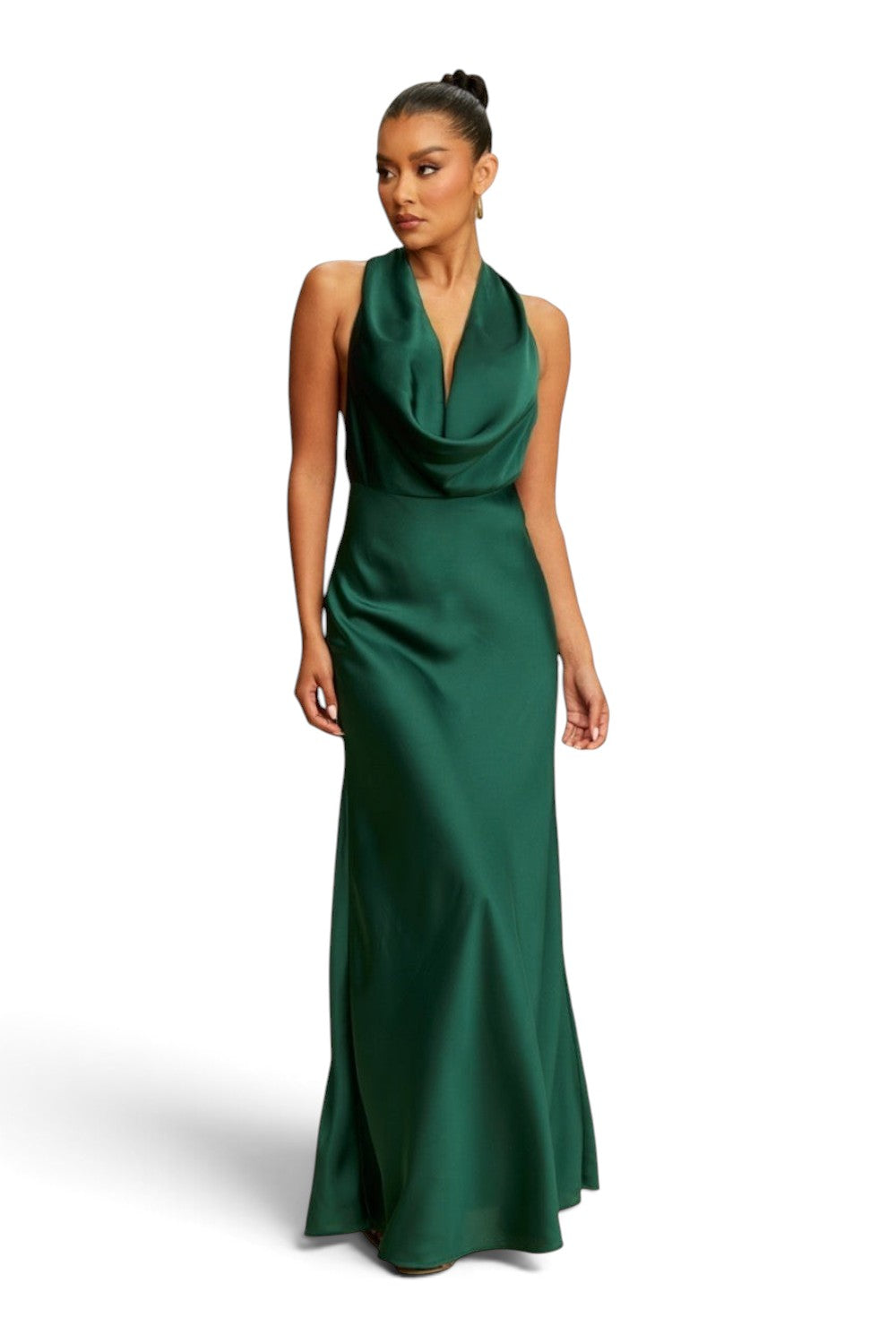 Pink shop by maf emerald green satin maxi dress with a cowl neckline and halter back in a sleek mermaid silhouette