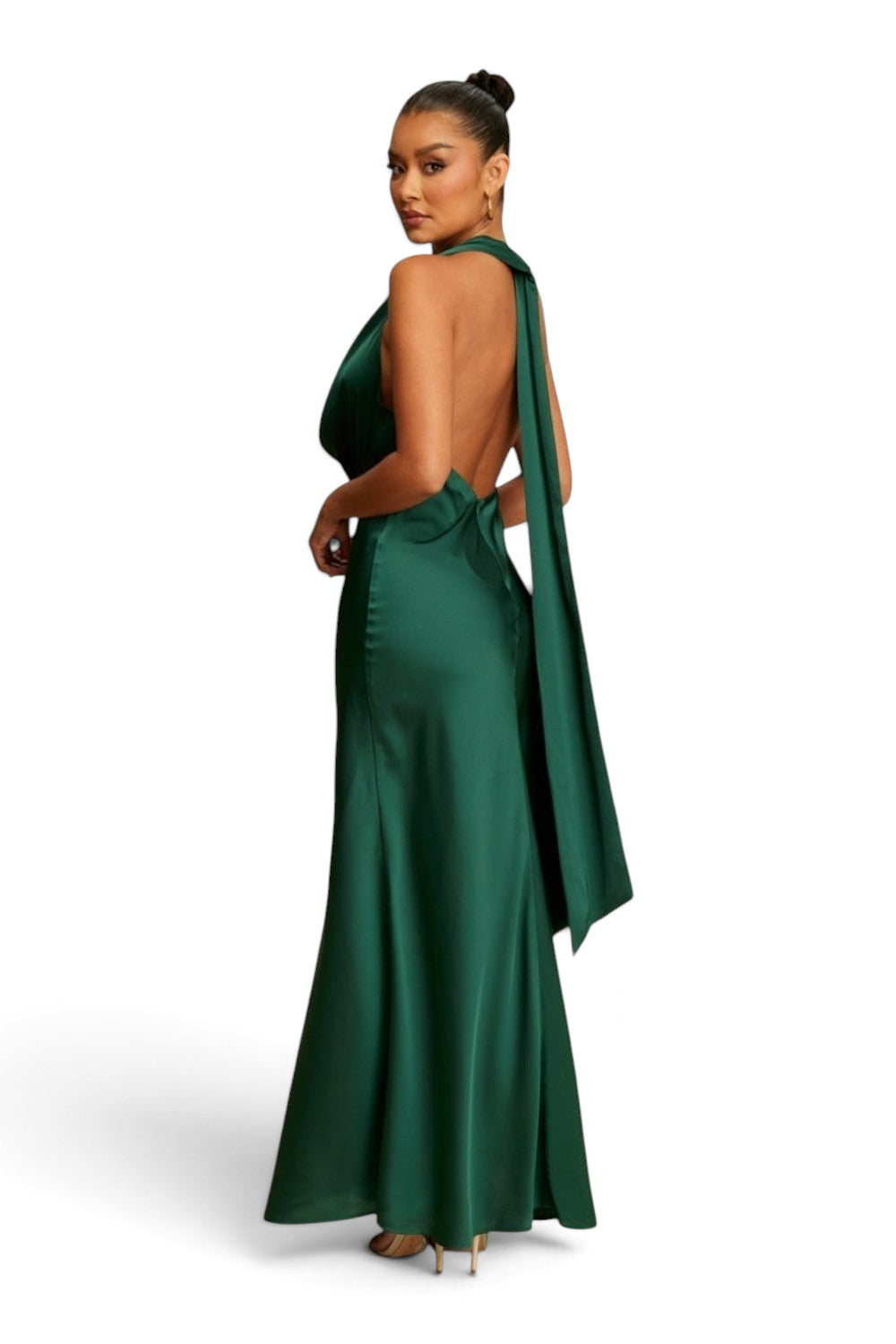 Pink shop by maf emerald green satin maxi dress with cowl neck, halter back, and mermaid silhouette on a model.