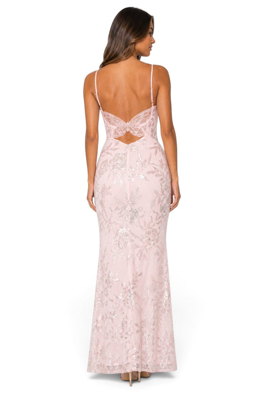 Pink shop by maf floral sequin mermaid gown with butterfly back detail and thin straps on a model, back view.