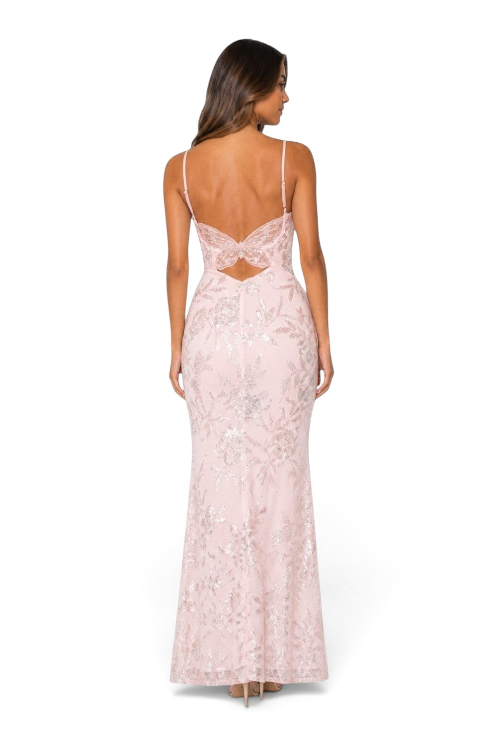 Pink shop by maf floral sequin mermaid gown with butterfly back detail and thin straps on a model, back view