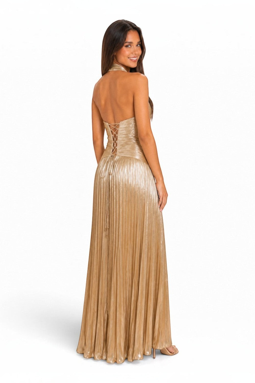Pink shop by maf metallic gold pleated halter maxi dress with lace-up back detail on a model