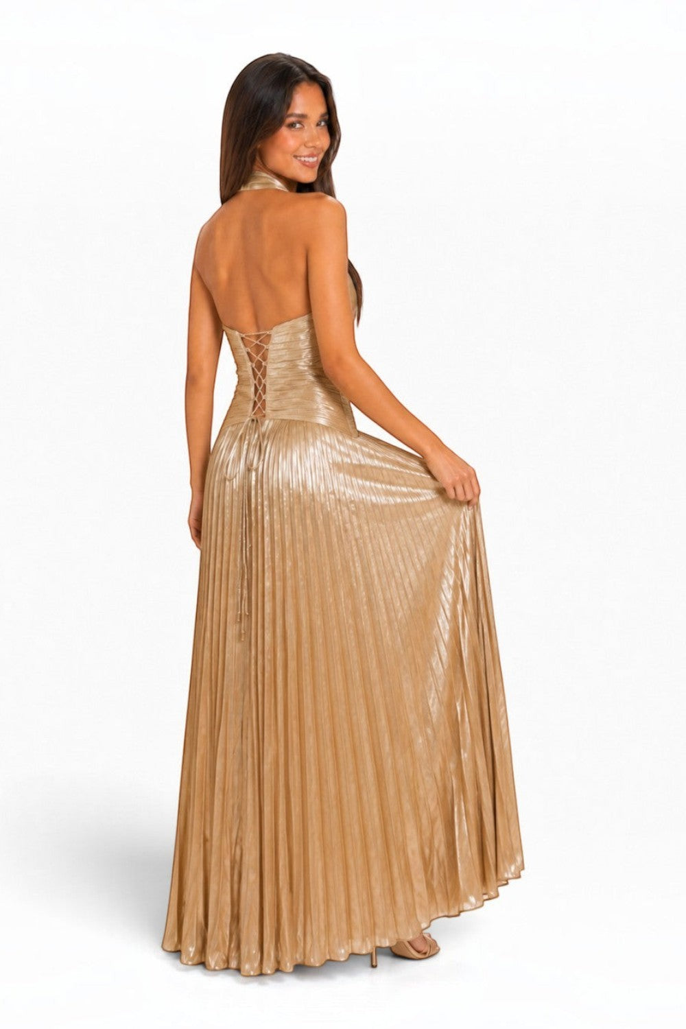 Pink shop by maf metallic gold pleated halter maxi dress with lace-up back detail worn by a model