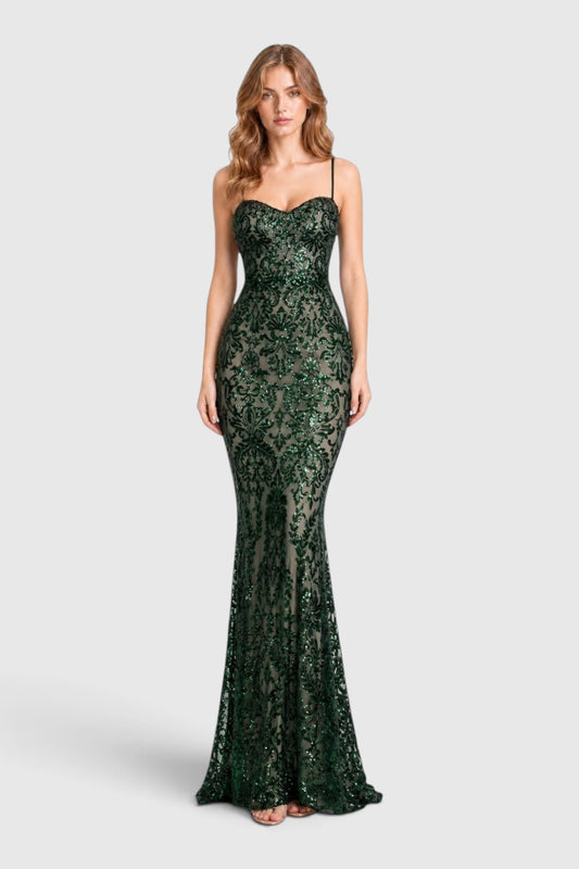 Pink shop by maf fitted floor-length gown with green baroque sequin embroidery on a nude lining and sweetheart neck