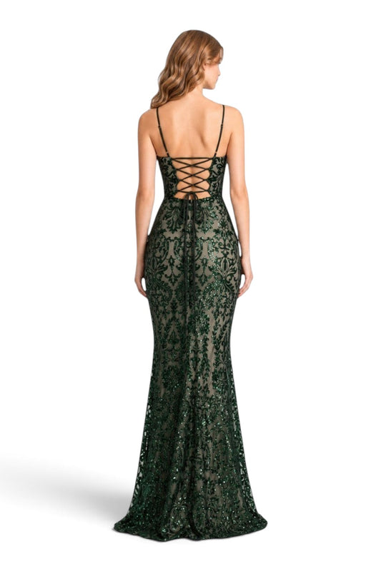Pink shop by maf floor-length green sequin baroque pattern evening gown with lace-up back and spaghetti straps