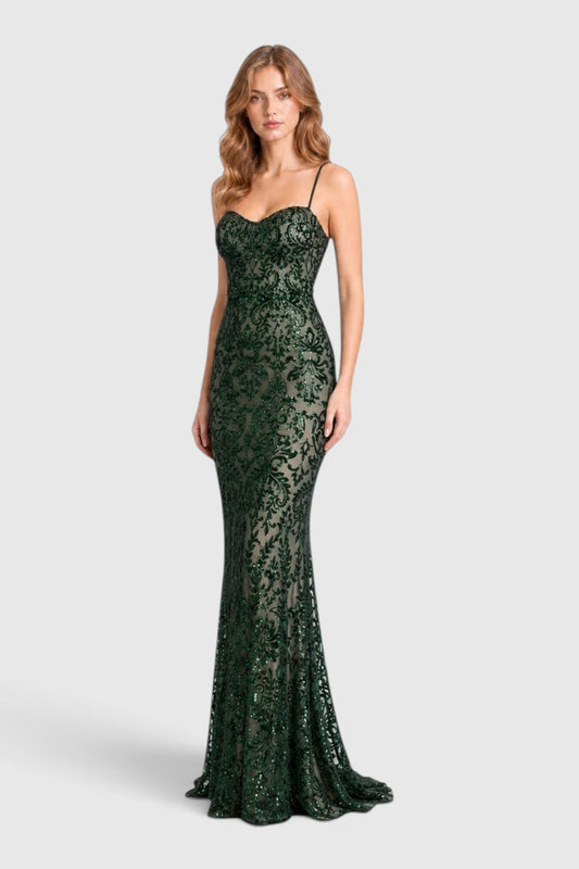 Pink shop by maf fitted floor-length gown with green baroque sequin embroidery over a nude lining and sweetheart neck
