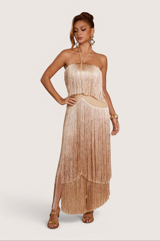 Pink shop by maf khaki maxi halter dress with layered fringe detail worn by a model in a studio setting