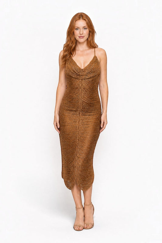 Pink shop by maf metallic bronze midi dress with pleated ruching, thin straps, and a V-neckline on a model.