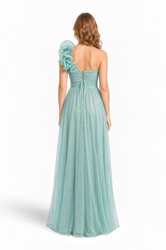 Pink shop by maf mint tulle maxi dress with one-shoulder 3D flower detail and lace-up back view