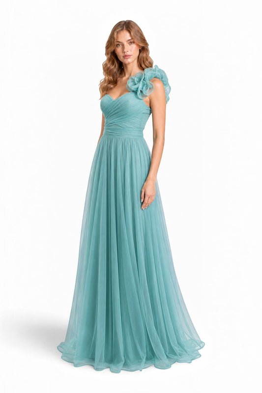 Pink shop by maf mint green tulle maxi dress with one-shoulder 3D floral detail, pleated bodice, and A-line skirt.