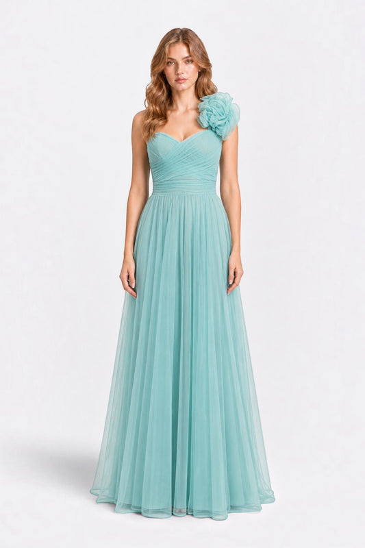 Pink shop by maf mint green tulle maxi dress with a pleated sweetheart bodice and 3D floral shoulder detail.