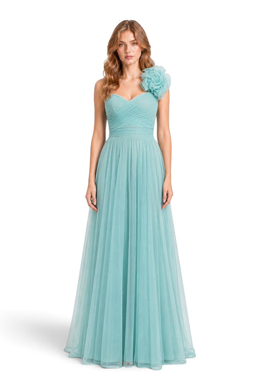 Pink shop by maf mint green tulle maxi dress with pleated sweetheart bodice and 3D floral shoulder detail