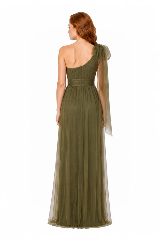 Pink shop by maf olive green tulle maxi dress with one shoulder, decorative bow, and flowing skirt, back view.