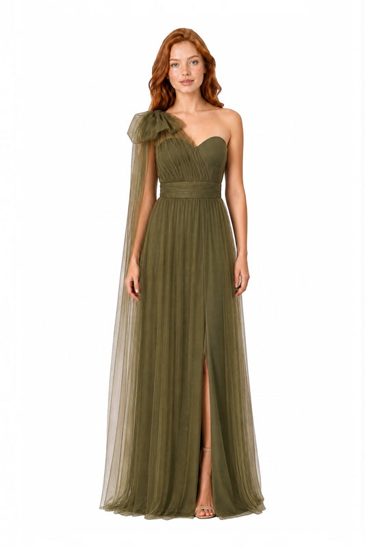 Pink shop by maf olive green tulle maxi dress with one shoulder, bow detail, sweetheart bodice, and leg slit.