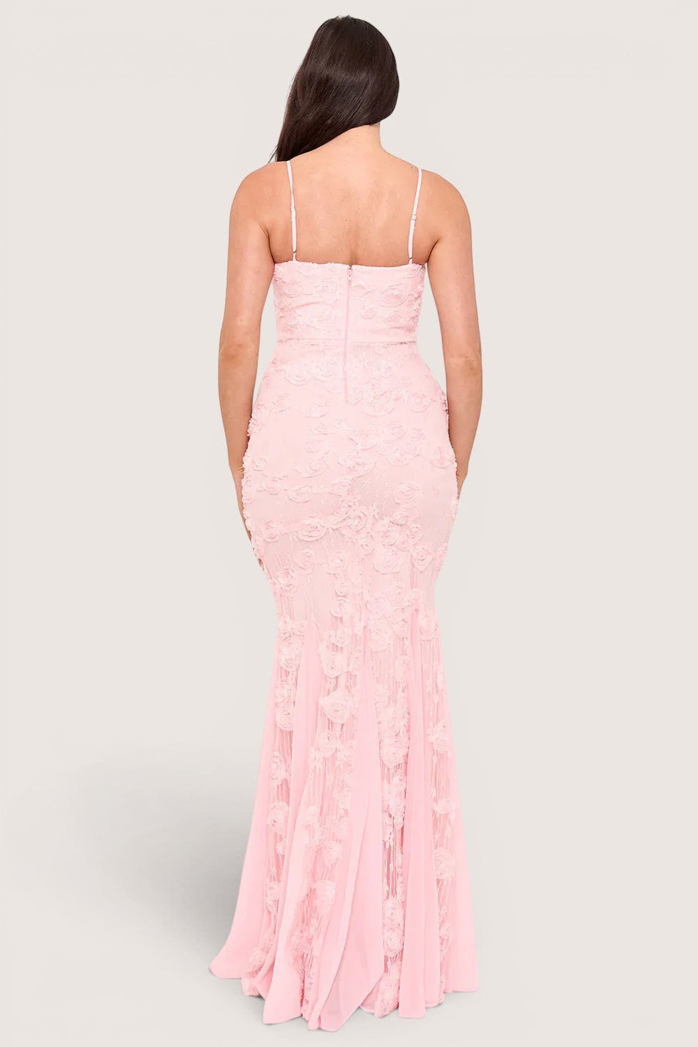 Back view of a Pink shop by maf dusty pink mermaid maxi dress with 3D floral lace, spaghetti straps, and chiffon train